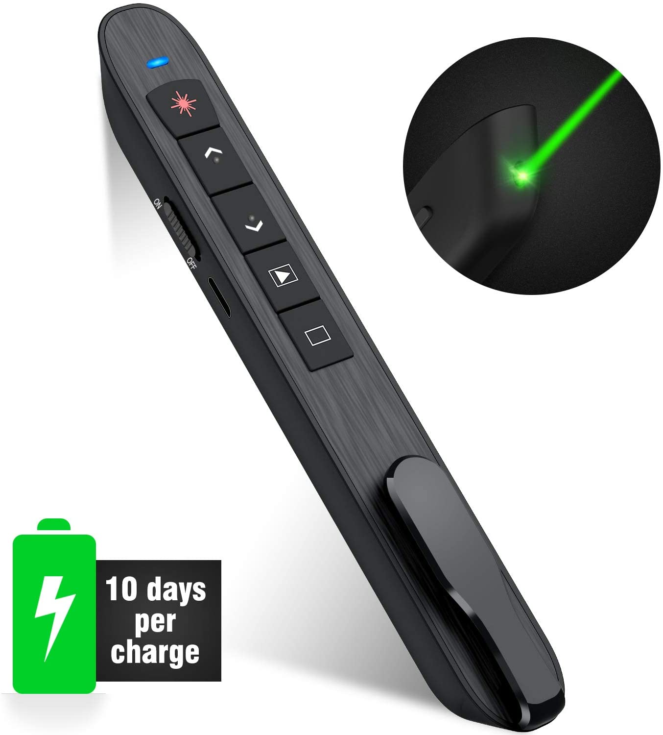 DinoFire Wireless Presenter Remote with Green Light, Rechargeable PowerPoint 